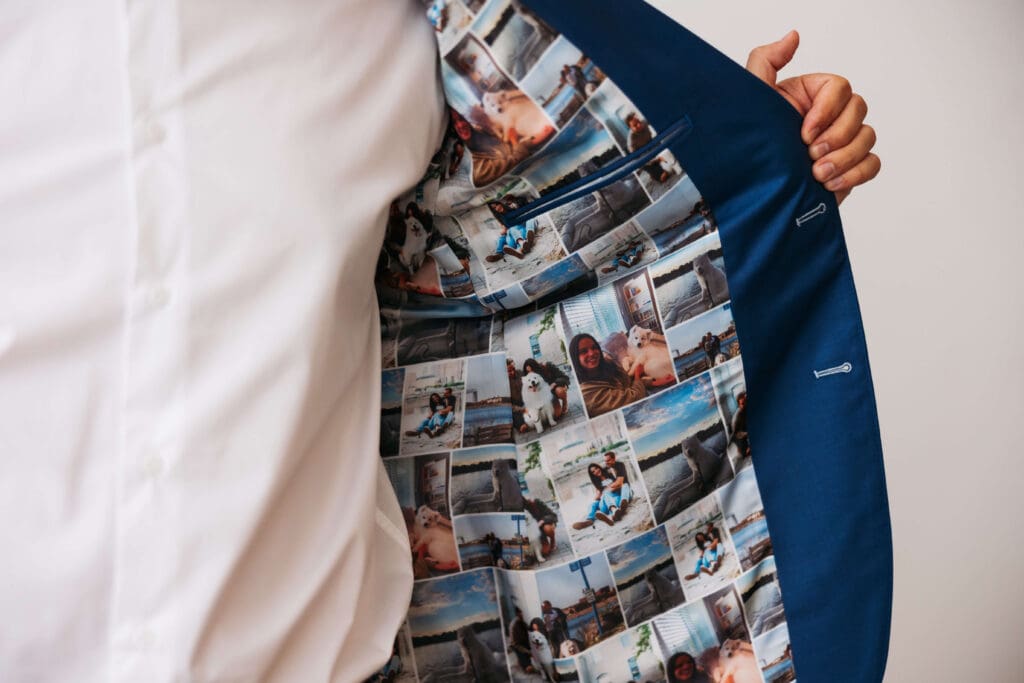 Groom shows off custom suit jacket filled with photos of him and his bride to be 