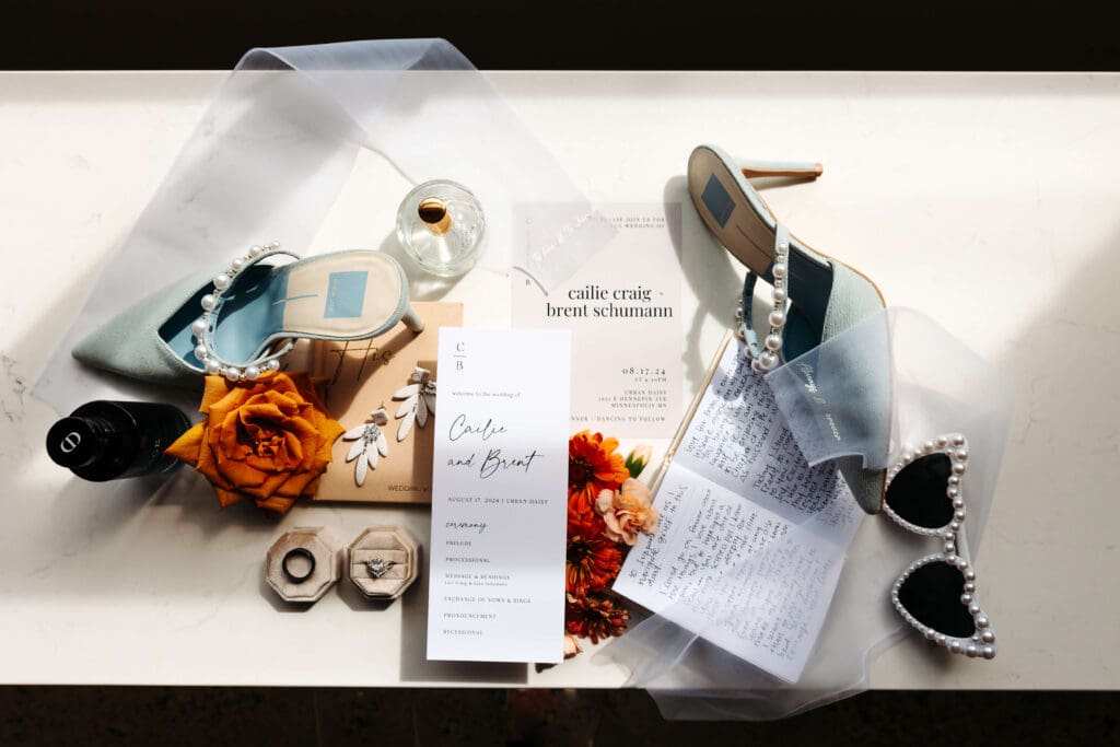 Flatlay wedding details at Urban Daisy in downtown Minneapolis