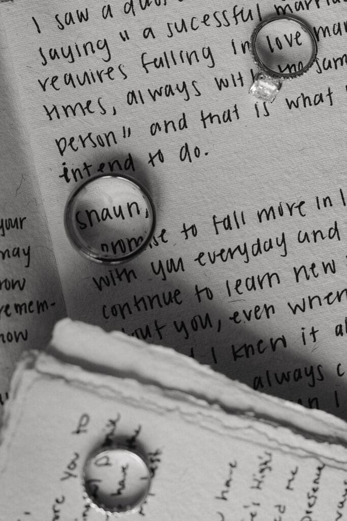 Wedding rings resting on handwritten love letters and personal notes exchanged between the couple before their wedding day.