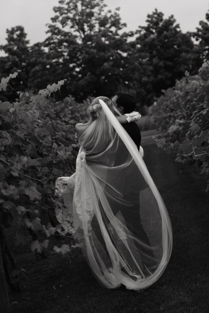 Groom carrying bride through vineyard as her veil trails behind them at Redeemed Farm MN.